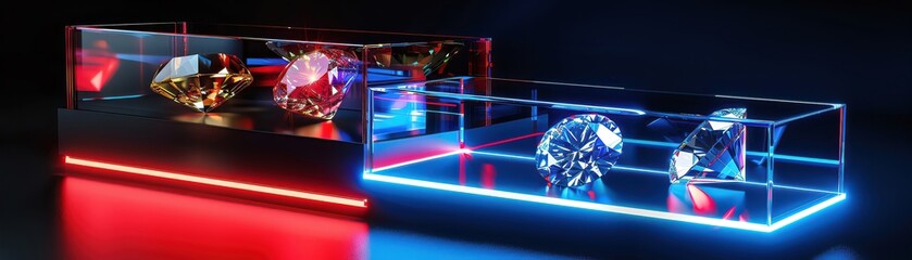 Security in displaying highvalue items like gems and diamonds is enhanced through holograms that replicate their beauty flawlessly, observed closeup - obrazy, fototapety, plakaty