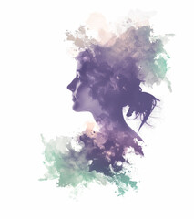 Blending double exposure a beautiful woman face profile with watercolor.
- 786806170