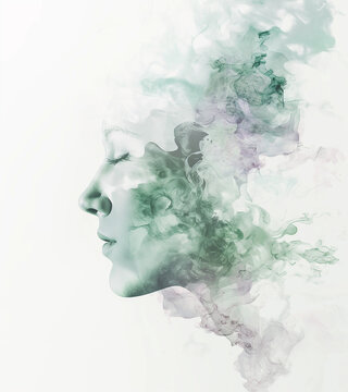 Blending double exposure a beautiful woman face profile with watercolor.
