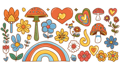 トレンディなレトロなサイケデリックな漫画スタイルの、グルービーなヒッピー 70 年代のステッカーのセット。面白い漫画の花、虹、平和、愛、ハート、デイジー、キノコなどが含まれています。分離ベクトル図です。花の力。