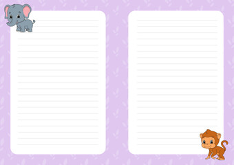 Colored sheet template for notes. Paper page for journal, notebook, diary, letters, schedule, organizer. Cute cartoon character. Lined sheet. Vector illustration.