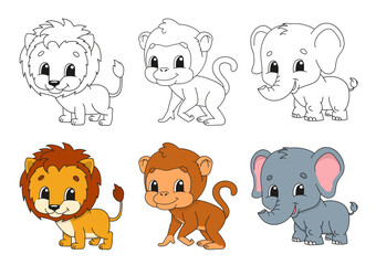 Naklejka premium Set coloring page for kids. Cute cartoon characters. Black stroke. With sample. Bright stickers. Vector illustration.