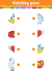 Matching game. Draw a line. Education developing worksheet. Activity page with color pictures. Riddle for children. Cute character. Cartoon style. Vector illustration.