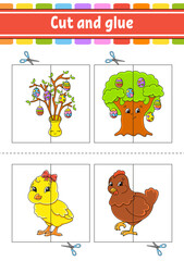 Cut and play. Paper game with glue. Flash cards. Education worksheet. Activity page. Funny character. cartoon style. Vector illustration.