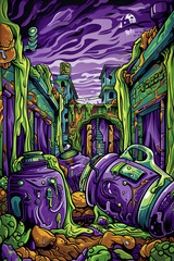 A purple city with green toxic waste, buildings and barrels.