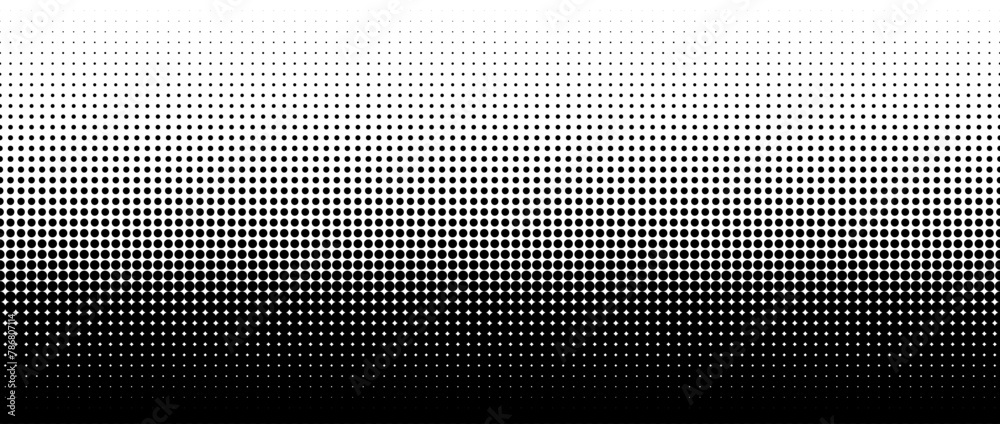 Poster Dotted halftone gradient texture. Vanishing polka dot background. Repeating dots gradation pattern background. Black fading comic pop art overlay backdrop. Raster effect wallpaper. Vector halftone