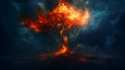 A tree with fire coming out of it. The sky is dark and the tree is surrounded by a lot of fire - obrazy, fototapety, plakaty