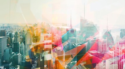 City Skyline Double Exposure with Abstract Geometric Shapes