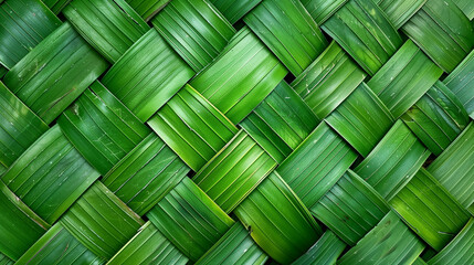 Green coconut leaves woven pattern background, Generative AI