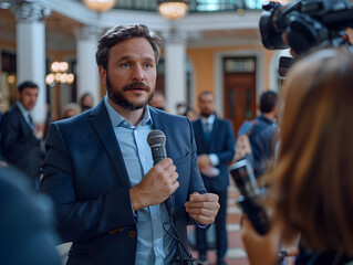 Serious Male Politician Giving Interview and Answering Questions for Media and News in Government Building