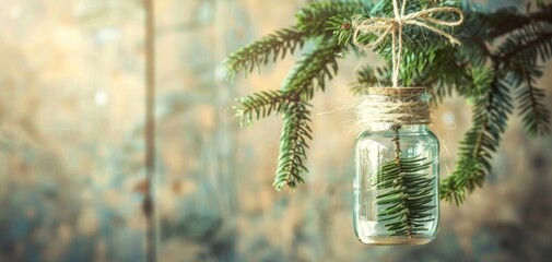 Rustic Pine Sprig Jar Decoration with Soft Backlight.