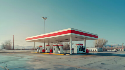 Bright and Branded Gasoline Filling Station with Vibrant Red and White Signage in Sunny Outdoor Landscape Setting