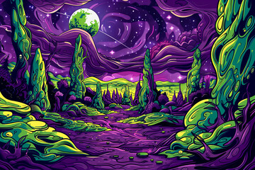 A surreal landscape with a green moon and purple sky.