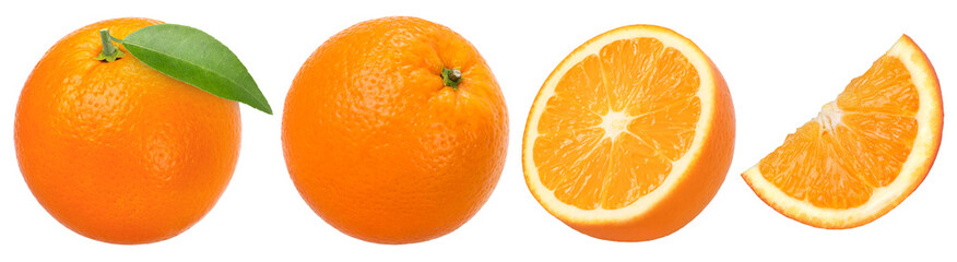 Orange fruit with leaves, half and slices isolated, Orange fruit macro studio photo, transparent...