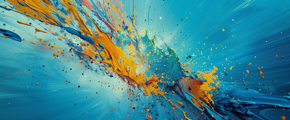 On a blank surface, splatters of cerulean blue and radiant yellow