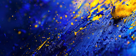 On a blank surface, splatters of cerulean blue and radiant yellow intermingle, creating a captivating display of abstract expression