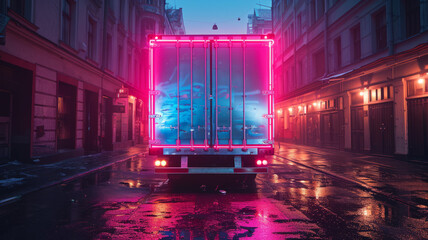 a cargo bay of a truck addressed as a music band , magenta and blue neon lights,generative ai