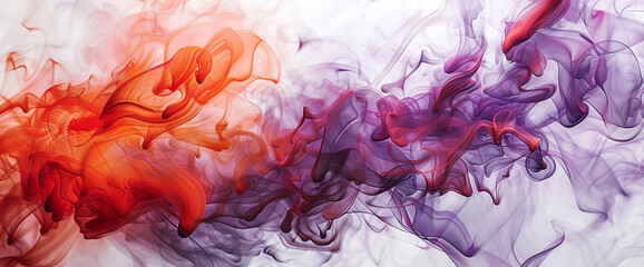 On a pristine white surface, cascades of fiery red and deep lavender flow and intertwine, creating an abstract symphony of color and movement