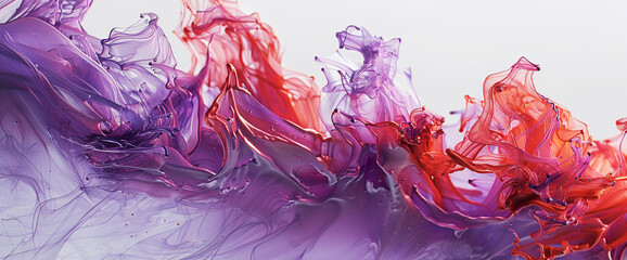 On a pristine white surface, cascades of fiery red and deep lavender flow and intertwine, creating an abstract symphony of color and movement.