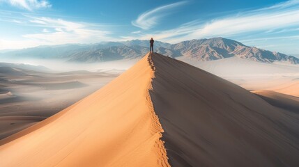 Figure of a man standing on a sand dune, surveying the expansive desert landscape. Contemplative moment in the arid wilderness - obrazy, fototapety, plakaty