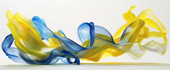 On a pristine white surface, ribbons of lemon yellow and deep cobalt blue twist and turn - obrazy, fototapety, plakaty