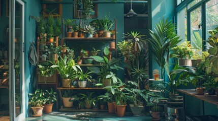 Interior space filled with flourishing plants and blooming flowers, illuminated by sunlight filtering through the window. Inviting and rejuvenating botanical sanctuary