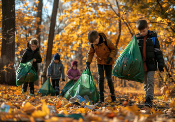 Group of children in jackets are participating in cleanup activity and picking up trash in autumnal park, gathering litter with plastic bags