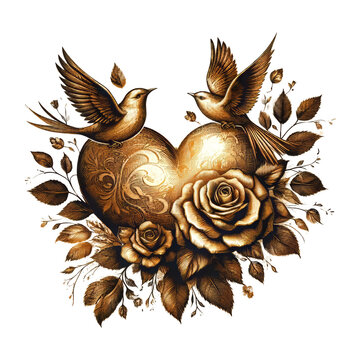 Golden floral flowers heart with Love birds and wings. Vintage bloom spring golden pink rose.
