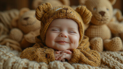 newborn baby, bear outfit on baby, baby smiles at the camera with her hands under her chingenerative ai