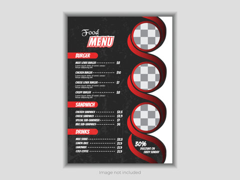 Cooking, cafe and restaurant menus, meal ordering, junk food&mdash;all featured in this fast food flyer design template. Burgers, French fries, and pizza. For a banner, poster, flyer, cover, menu, or brochu