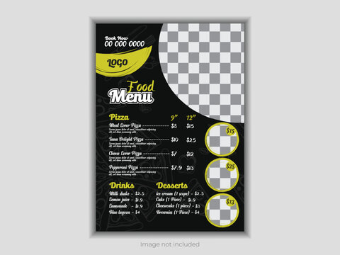 Cooking, cafe and restaurant menus, meal ordering, junk food&mdash;all featured in this fast food flyer design template. Burgers, French fries, and pizza. For a banner, poster, flyer, cover, menu, or brochu