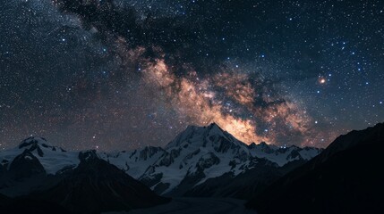 Dark night sky illuminated by shimmering stars, framing a majestic mountain range. Captivating and...