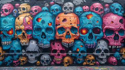 Fototapeta premium multiple awesome design worn colorful angry monster Skulls and bone stickers on top of each other, Street art style, comic,generative ai