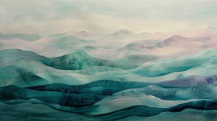 Peacefulness envelops the scene as delicate waves of muted teal and soft lavender gently sway in the calm atmosphere.