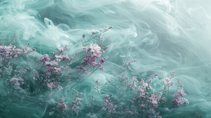 Peacefulness envelops the scene as delicate waves of muted teal and soft lavender gently sway in...