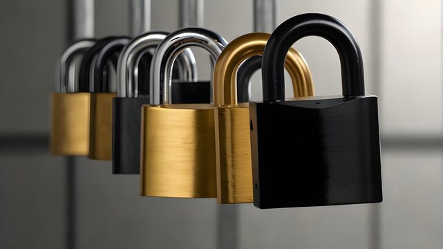 An assortment of metallic padlocks in black and gold, with the locks solitary against a clear backdrop. PNG, clipping path, or cutout.