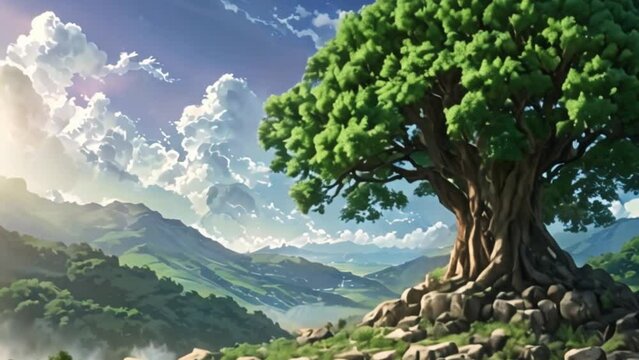 anime style video, a giant tree on a hill