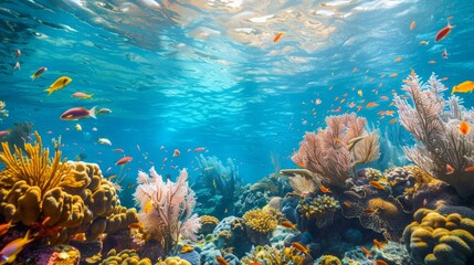 Exquisite coral reef adorned with a kaleidoscope of colorful fish. Breathtaking underwater world brimming with life and color