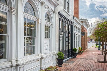Fototapeta premium A brick walkway with a row of storefronts
