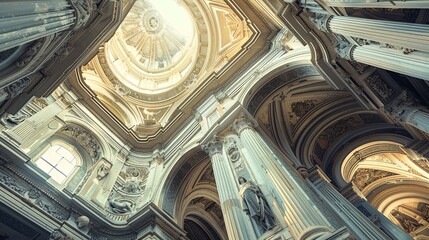 looking up at the ceiling of a church with columns and a dome banner background - obrazy, fototapety, plakaty