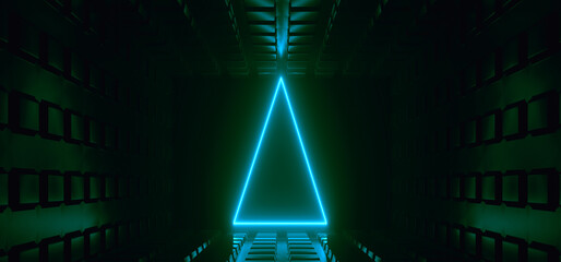 Sci Fi Futuristic Electric Green Triangle Glowing Background Laser Neon Lights Tunnel Corridor Space Alien Ship Dark Night Reflective Metal Garage Warehouse  Cyber 3D Rendering