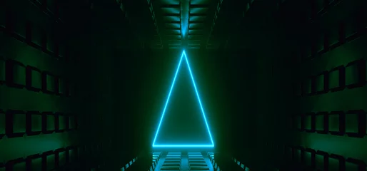 Sci Fi Futuristic Electric Green Triangle Glowing Background Laser Neon Lights Tunnel Corridor Space Alien Ship Dark Night Reflective Metal Garage Warehouse  Cyber 3D Rendering © IM_VISUALS