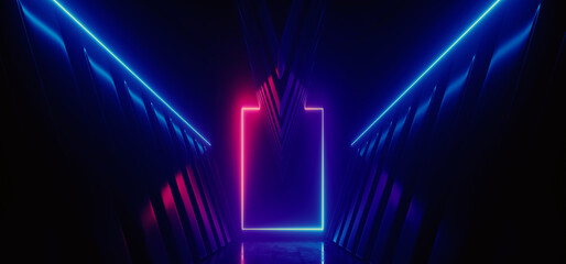 Neon Laser Sci Fi Futuristic Alien Spaceship Metal Reflective Corridor Tunnel Rectangle Frame Glowing Purple Blue Cyber Synth Warehouse Garage Underground Vibrant Background 3D Rendering - 786810105