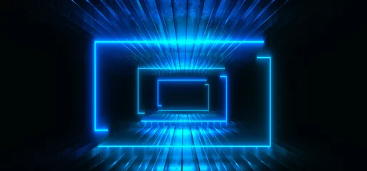 Sci Fi Neon Frame Rectangle Laser Blue Glowing Textured Floor Reflective Concrete Metallic Cyber Synth Cyberpunk Virtual Reality Tunnel Corridor Garage Warehouse Dark NIght Background 3D Rendering © IM_VISUALS