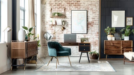 A modern office space with a brick wall and a green chair