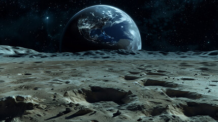 A view of the Earth from the moon surface with footprints and a space. photography, with high resolution, high detail, and hyper realistic details. View of Moon limb with Earth rising on the horizon. 