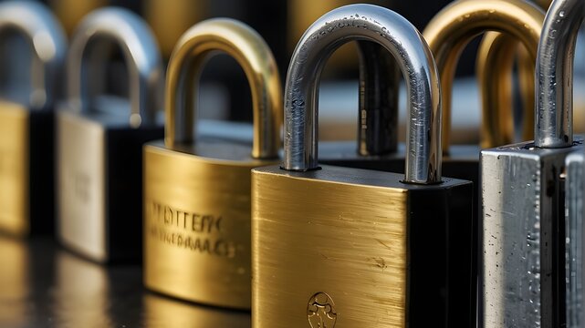 An assortment of metallic padlocks in black and gold, with the locks solitary against a clear backdrop. PNG, clipping path, or cutout.