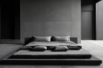 Sleek minimalist bedroom in Berlin loft with monochrome palette and filtered daylight, featuring a platform bed for understated elegance.