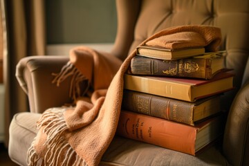 A stack of books is piled on top of a chair - obrazy, fototapety, plakaty
