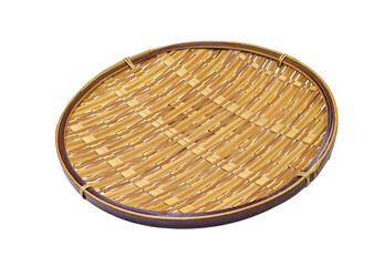 Bamboo cooking utensil colander, wicker basket isolated on white background with clipping path.